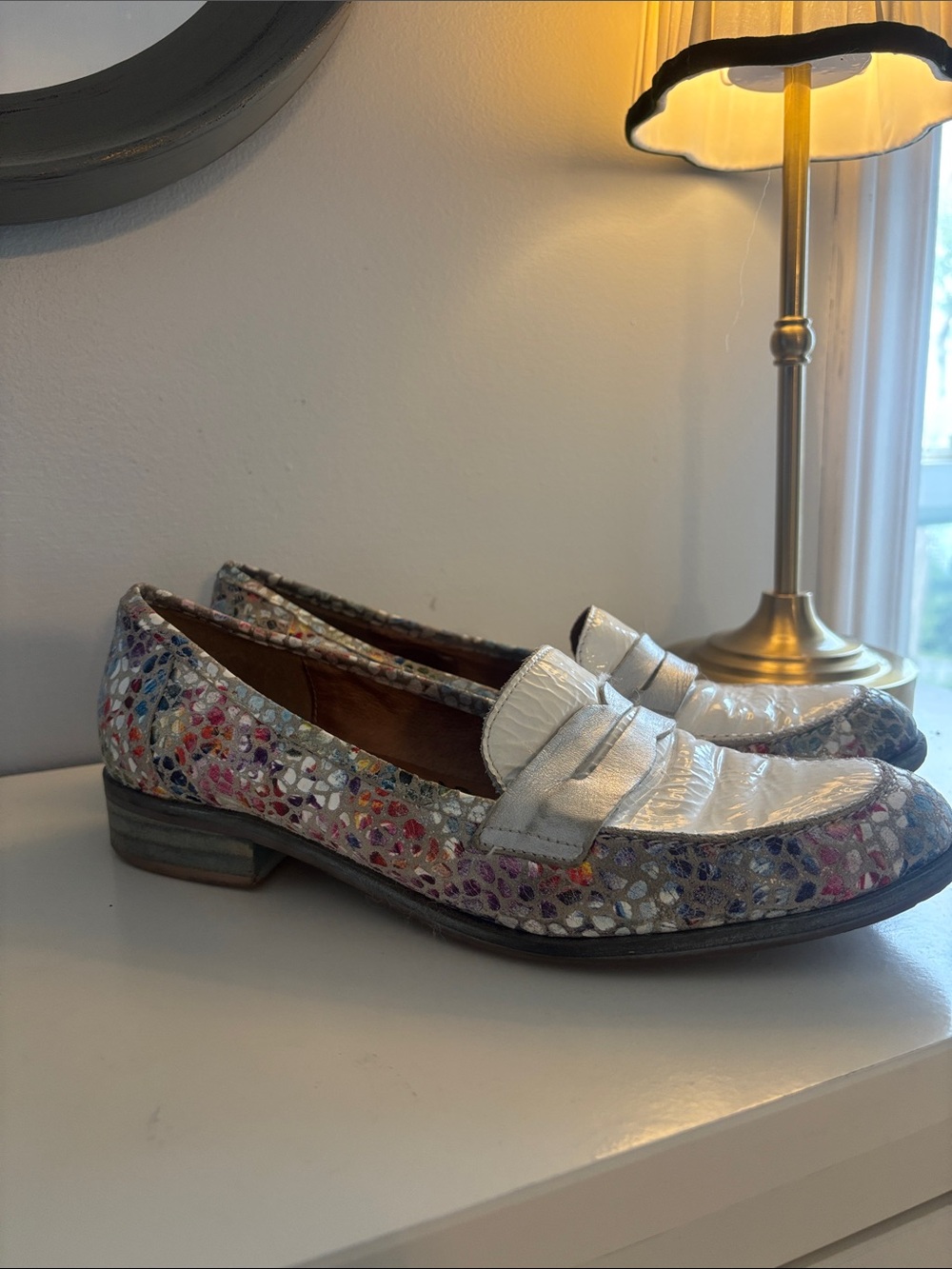 Fly London Multicolor Mosaic Leather Loafers with Silver Vamp